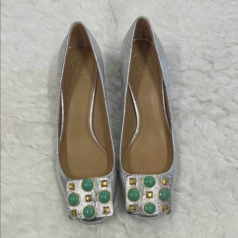 Tory Burch Silver Leather Heels with Green Gem Accents